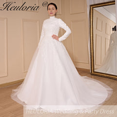 HEULORIA elegant heavy lace beading Muslim Wedding Dress long sleeve high neck bride dress plus size bride Wedding Gown BA-781A