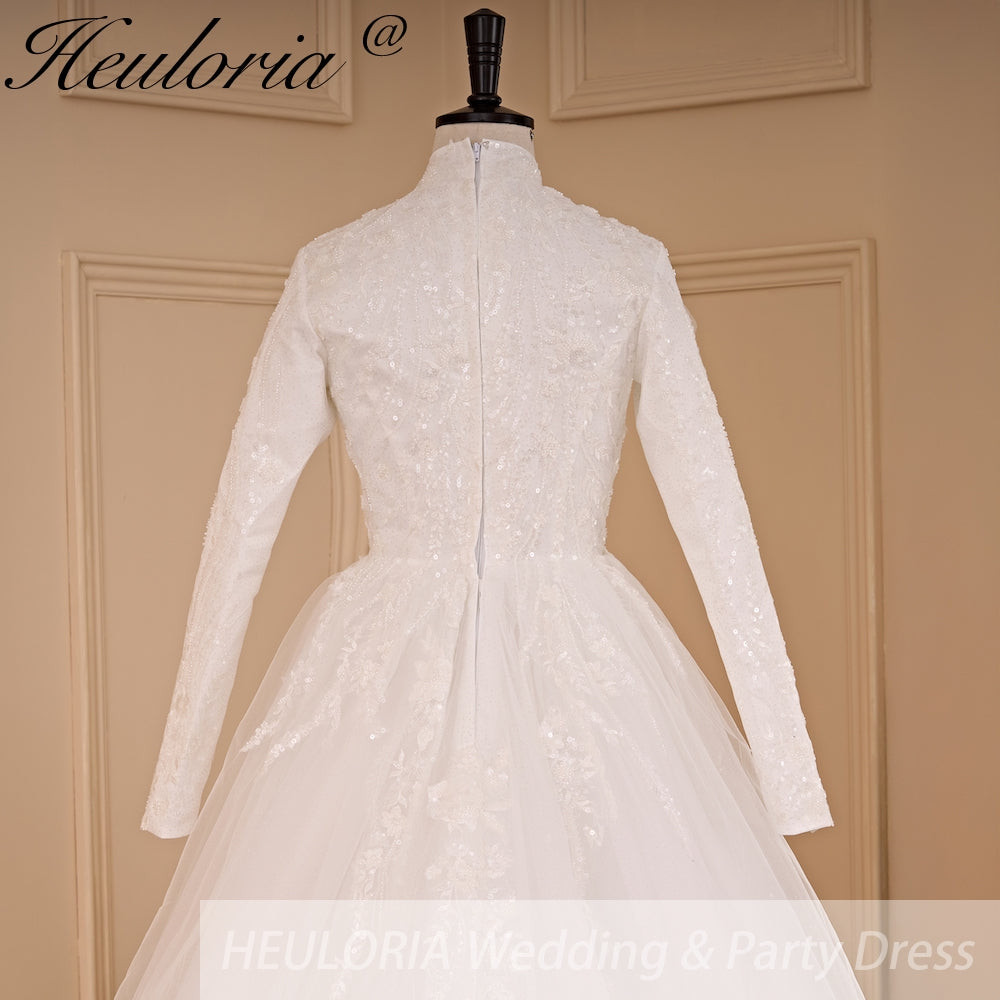 HEULORIA elegant heavy lace beading Muslim Wedding Dress long sleeve high neck bride dress plus size bride Wedding Gown BA-781