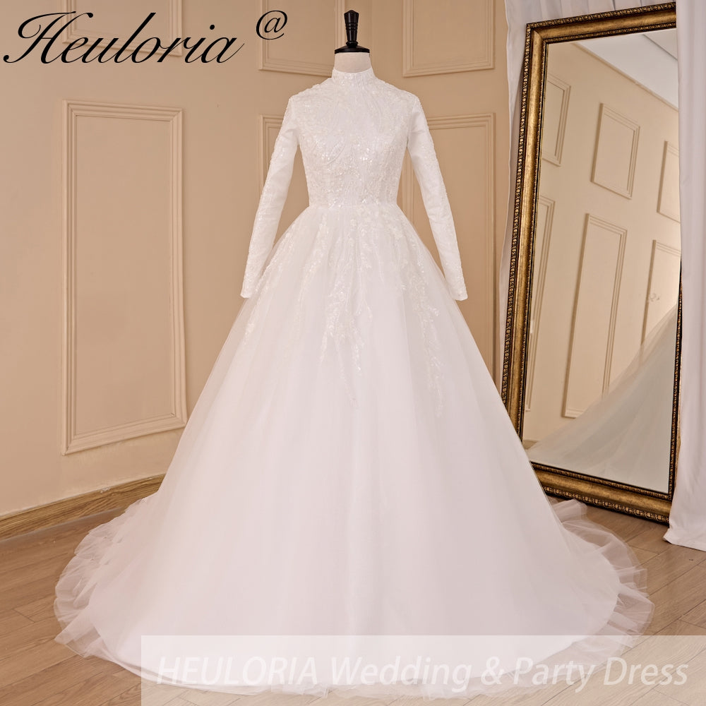 HEULORIA elegant heavy lace beading Muslim Wedding Dress long sleeve high neck bride dress plus size bride Wedding Gown BA-781 Immagine principale del prodotto