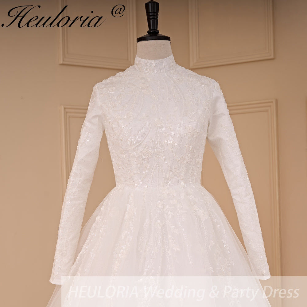 HEULORIA elegant heavy lace beading Muslim Wedding Dress long sleeve high neck bride dress plus size bride Wedding Gown BA-781