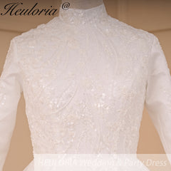 HEULORIA elegant heavy lace beading Muslim Wedding Dress long sleeve high neck bride dress plus size bride Wedding Gown BA-781