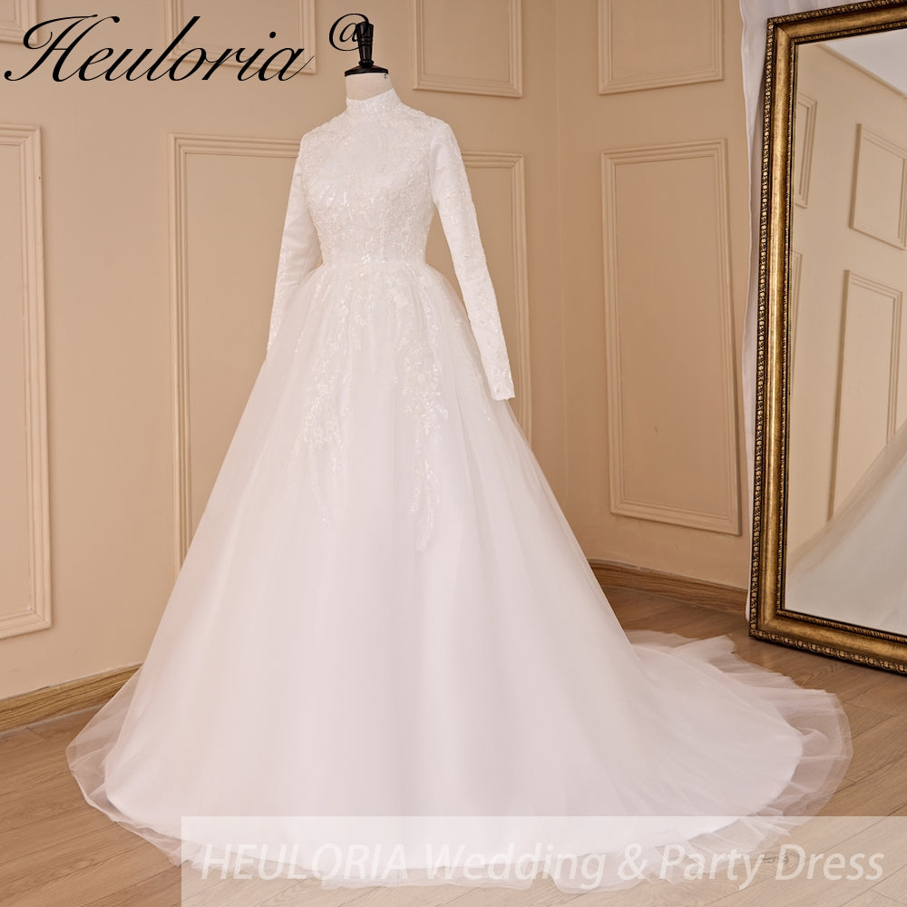 HEULORIA elegant heavy lace beading Muslim Wedding Dress long sleeve high neck bride dress plus size bride Wedding Gown BA-781