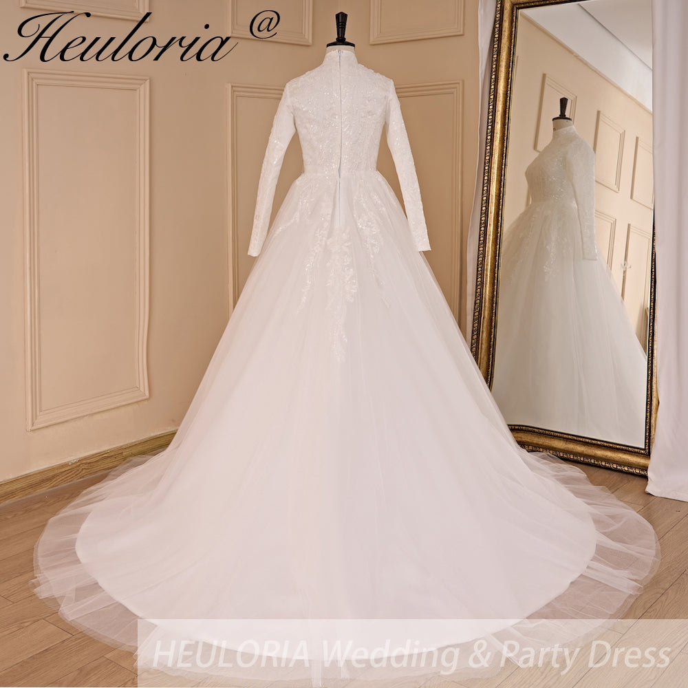 HEULORIA elegant heavy lace beading Muslim Wedding Dress long sleeve high neck bride dress plus size bride Wedding Gown BA-781