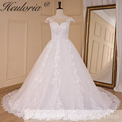 HEULORIA Princess Wedding dress V Necklace Bride Gowns Lace Up Back Customized BA-779