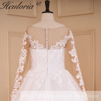 HEULORIA Elegant Illusion Long Sleeve Ball Gown Wedding Dress with Pearl Beaded Neckline and Lace Cathedral Train BA-778A