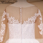 HEULORIA Elegant Illusion Long Sleeve Ball Gown Wedding Dress with Pearl Beaded Neckline and Lace Cathedral Train BA-778A