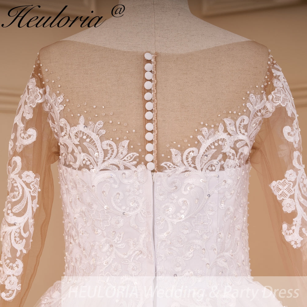 HEULORIA Elegant Illusion Long Sleeve Ball Gown Wedding Dress with Pearl Beaded Neckline and Lace Cathedral Train BA-778A