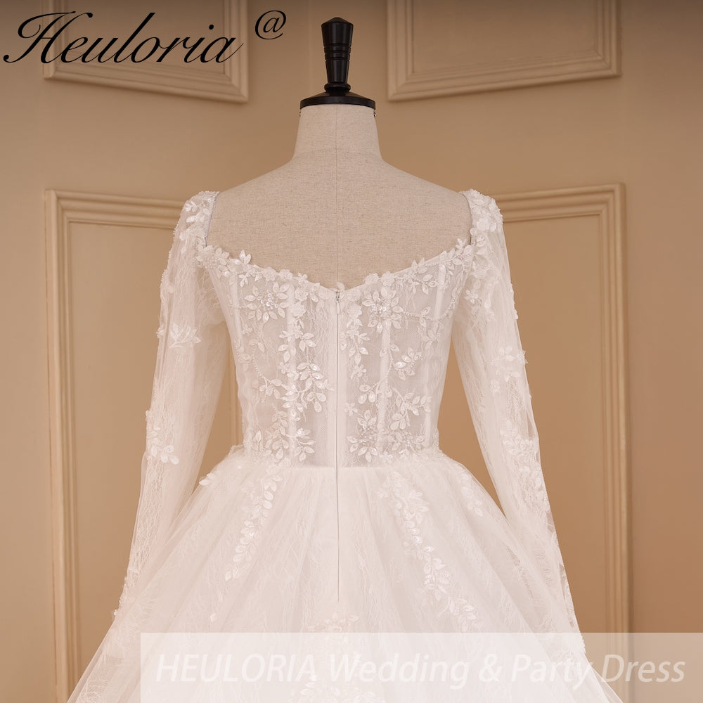 HEULORIA Elegant lace beading Wedding Dress long sleeve sweetheart long train Wedding Bridal dress