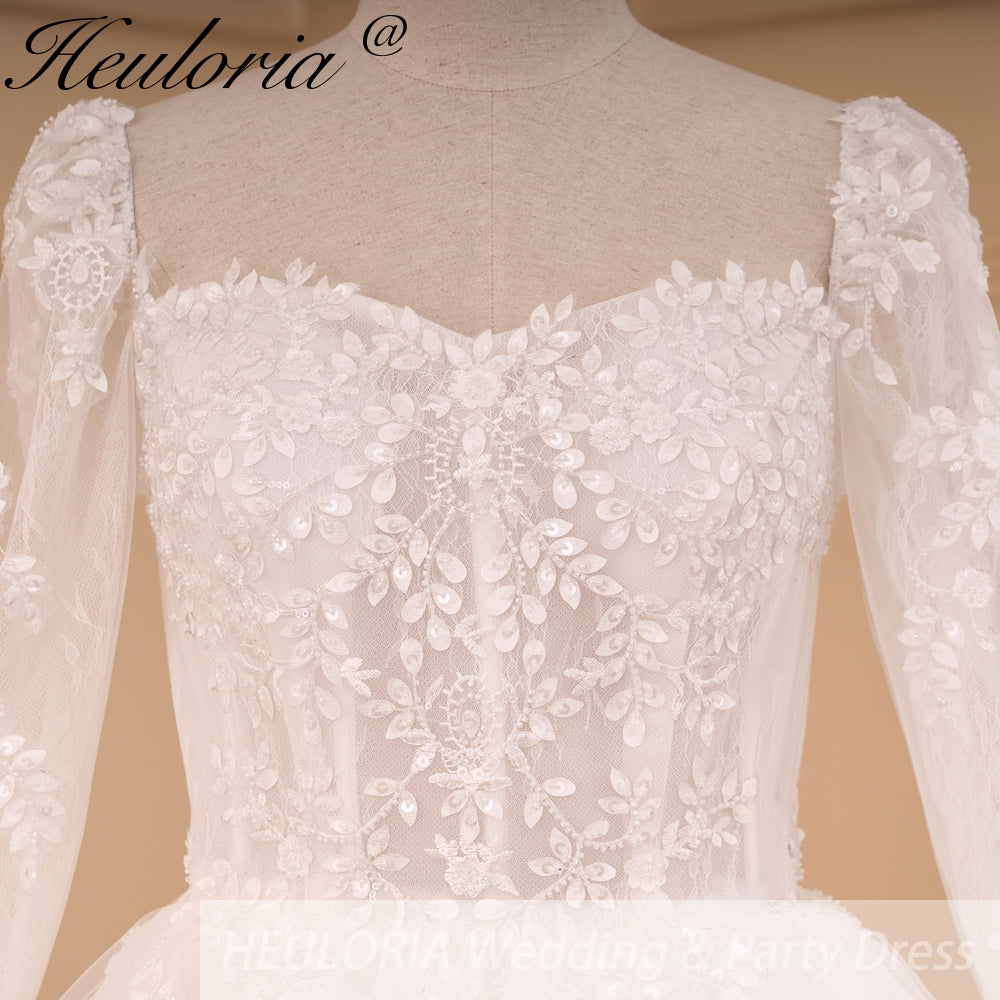 HEULORIA Elegant lace beading Wedding Dress long sleeve sweetheart long train Wedding Bridal dress