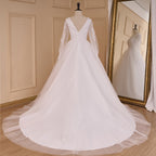 HEULORIA Ethereal Floral Lace A-Line Wedding Dress with Plunging V-Neck and Long Bishop Sleeves AL-783