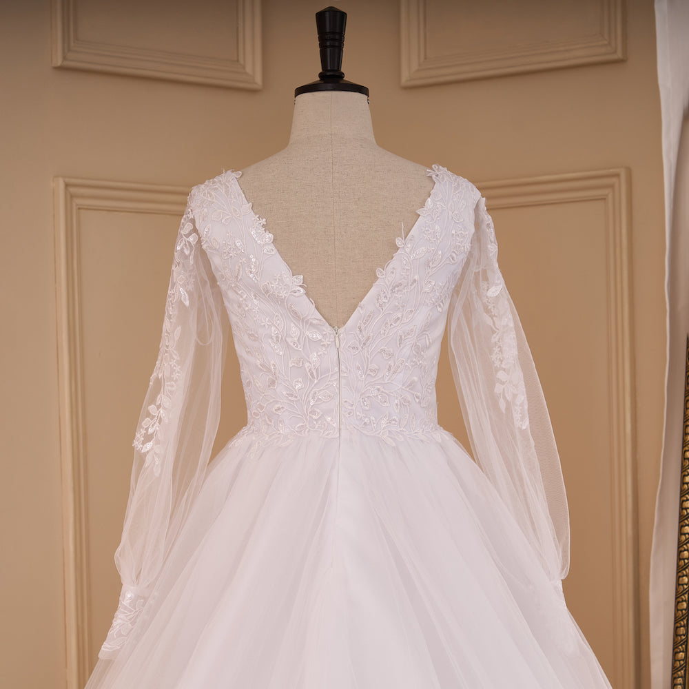HEULORIA Ethereal Floral Lace A-Line Wedding Dress with Plunging V-Neck and Long Bishop Sleeves AL-783