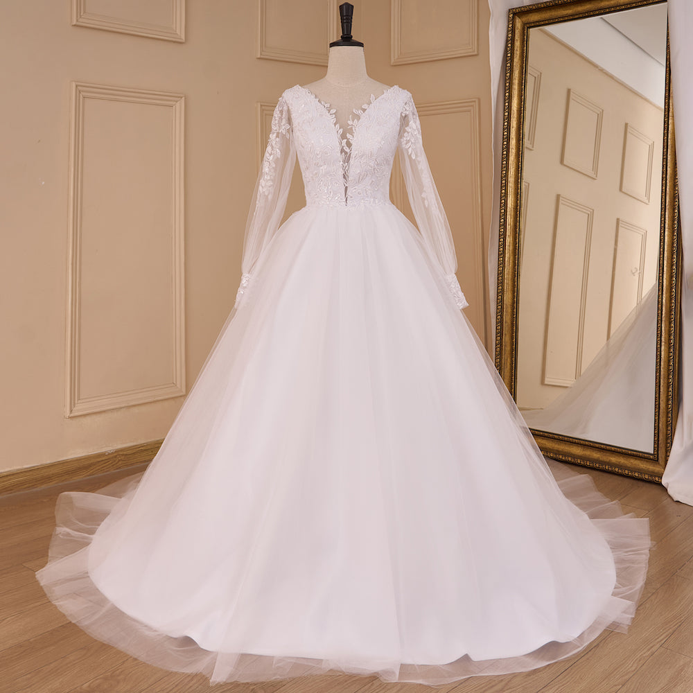 HEULORIA Ethereal Floral Lace A-Line Wedding Dress with Plunging V-Neck and Long Bishop Sleeves AL-783