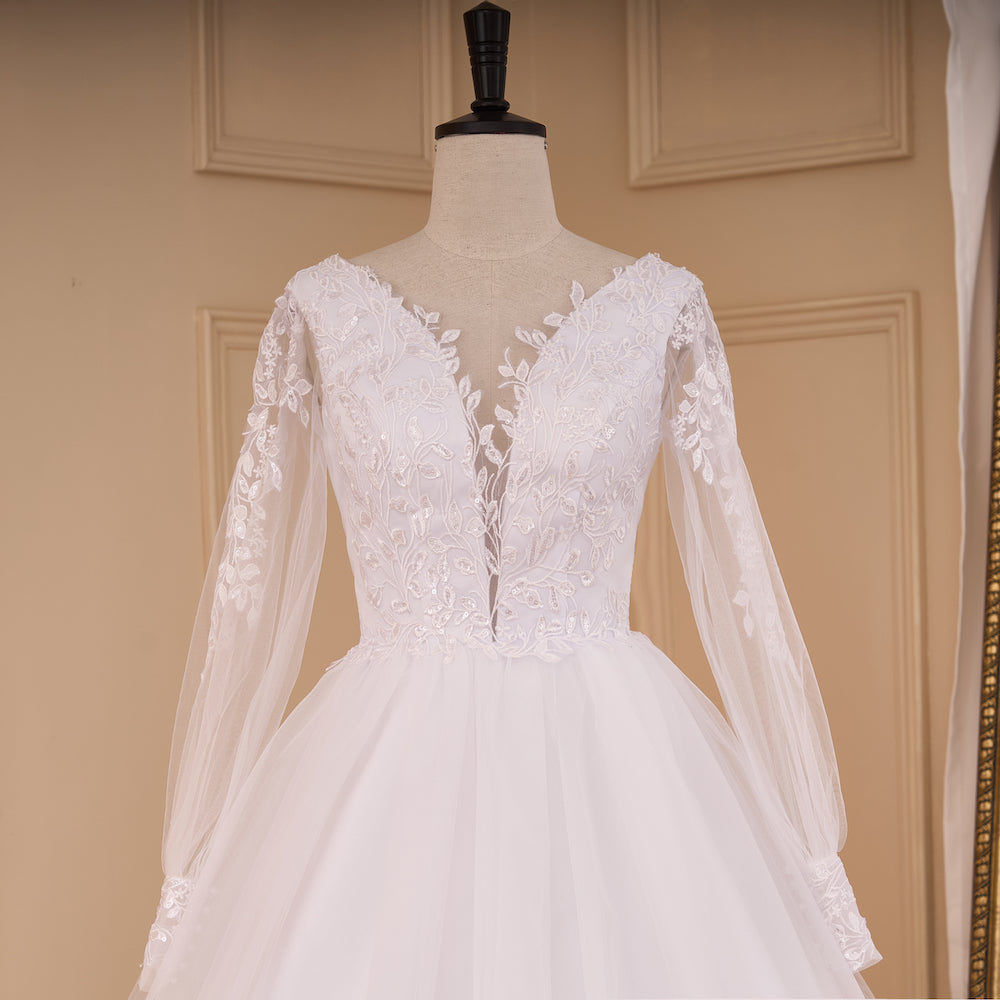 HEULORIA Ethereal Floral Lace A-Line Wedding Dress with Plunging V-Neck and Long Bishop Sleeves AL-783