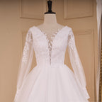 HEULORIA Ethereal Floral Lace A-Line Wedding Dress with Plunging V-Neck and Long Bishop Sleeves AL-783