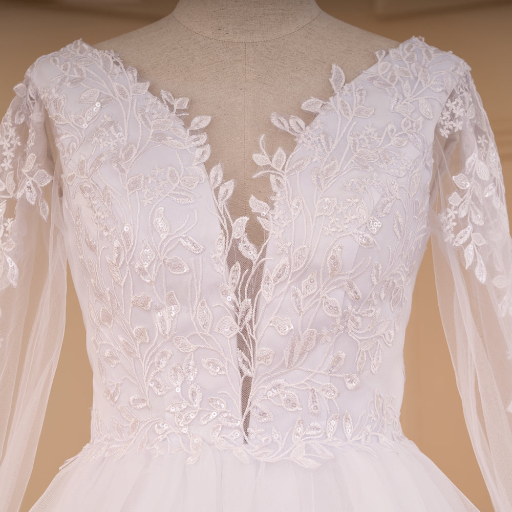 HEULORIA Ethereal Floral Lace A-Line Wedding Dress with Plunging V-Neck and Long Bishop Sleeves AL-783