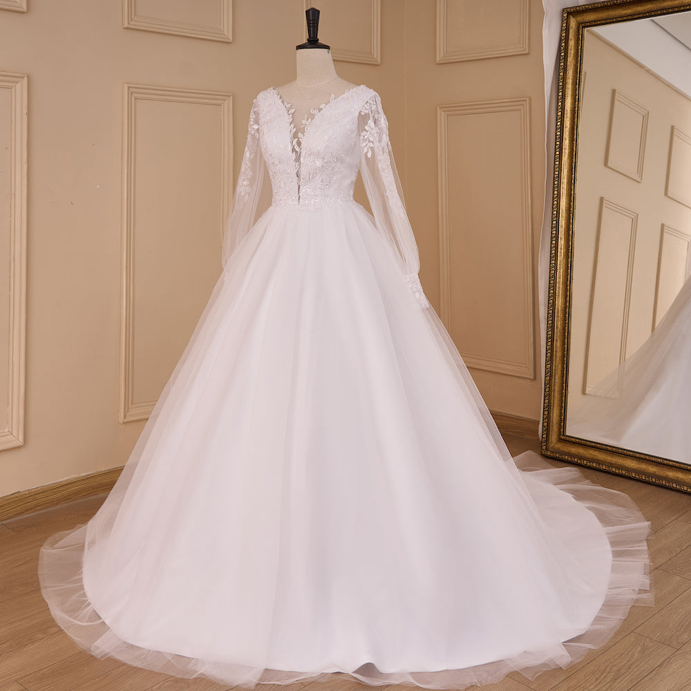HEULORIA Ethereal Floral Lace A-Line Wedding Dress with Plunging V-Neck and Long Bishop Sleeves AL-783