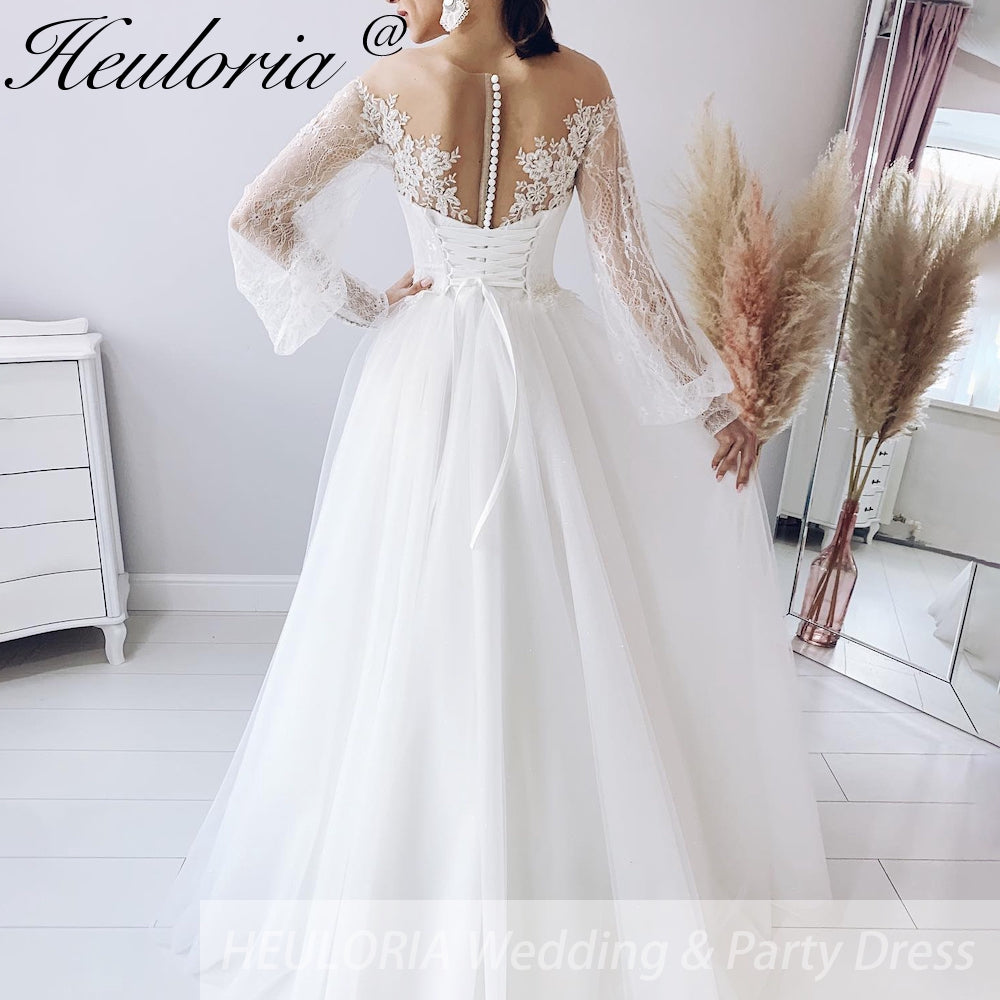 HEULORIA elegant A line wedding dress off shoulder Sparkly Glitter lace bridal dress long sleeve Robe De Mariee Wedding Bride Dress long train AL-590