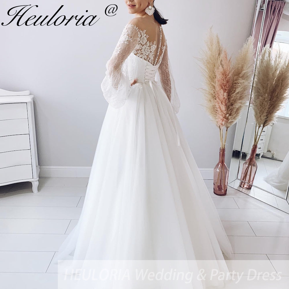 HEULORIA elegant A line wedding dress off shoulder Sparkly Glitter lace bridal dress long sleeve Robe De Mariee Wedding Bride Dress long train AL-590