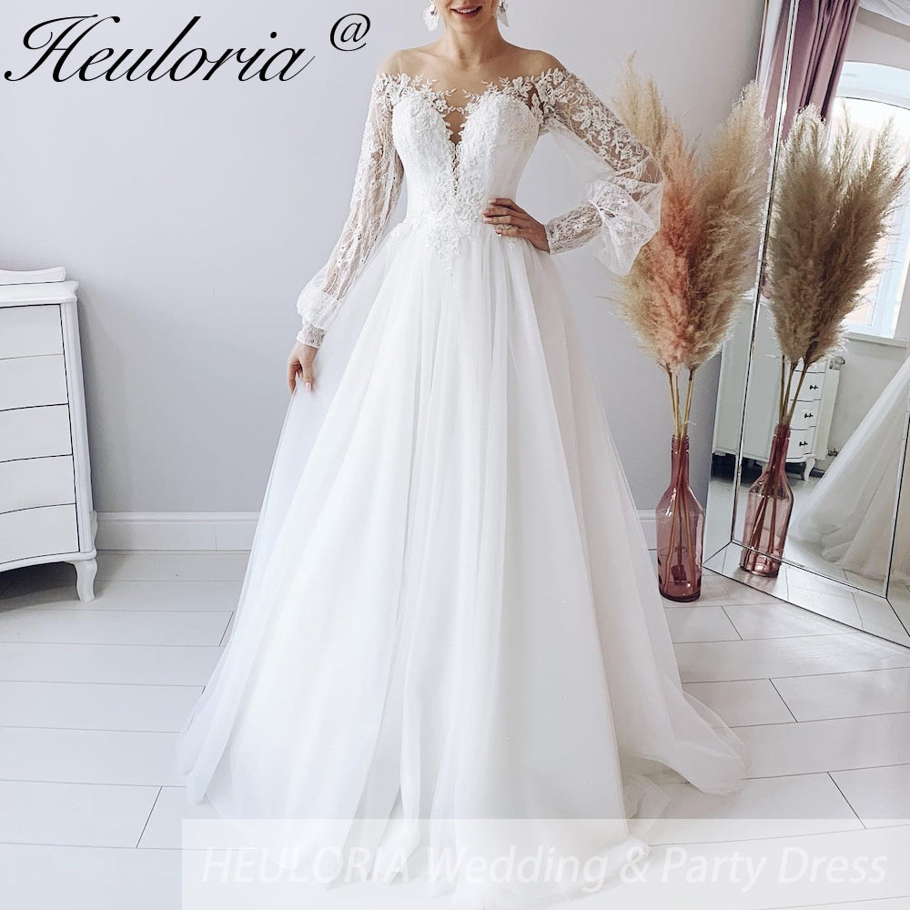 HEULORIA elegant A line wedding dress off shoulder Sparkly Glitter lace bridal dress long sleeve Robe De Mariee Wedding Bride Dress long train AL-590 Secondary image