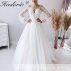 HEULORIA elegant A line wedding dress off shoulder Sparkly Glitter lace bridal dress long sleeve Robe De Mariee Wedding Bride Dress long train AL-590
