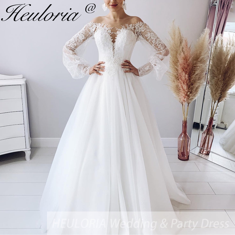 HEULORIA elegant A line wedding dress off shoulder Sparkly Glitter lace bridal dress long sleeve Robe De Mariee Wedding Bride Dress long train AL-590