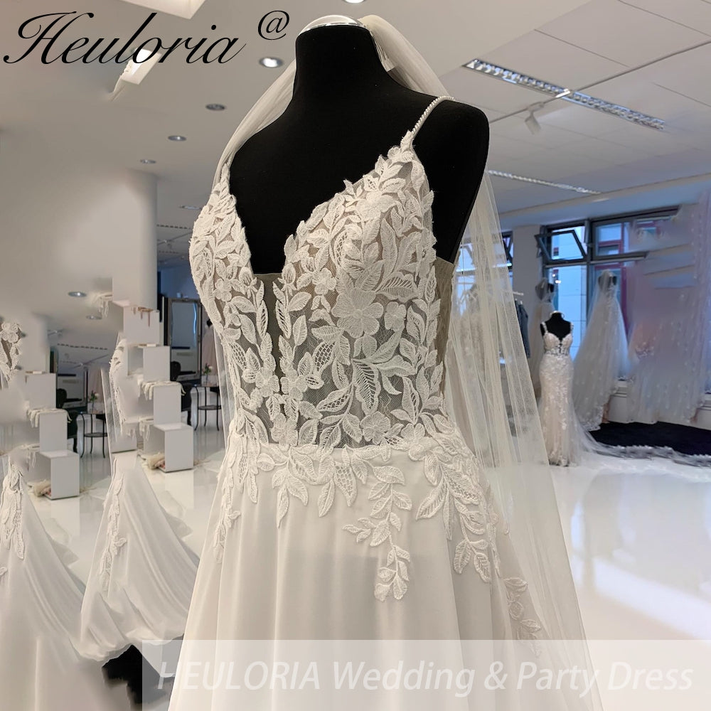 HEULORIA Chiffon Wedding Gowns Customized Open Back Bridal Boho Long Wedding Dresses Lace Appliques V neck Vestido Boda AL-929