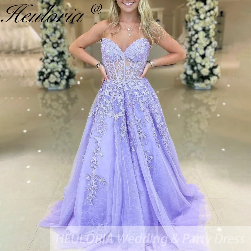 strapless Prom Dresses Lace Tulle Evening Dresses A-Shape Elegant Lady Party Dresses