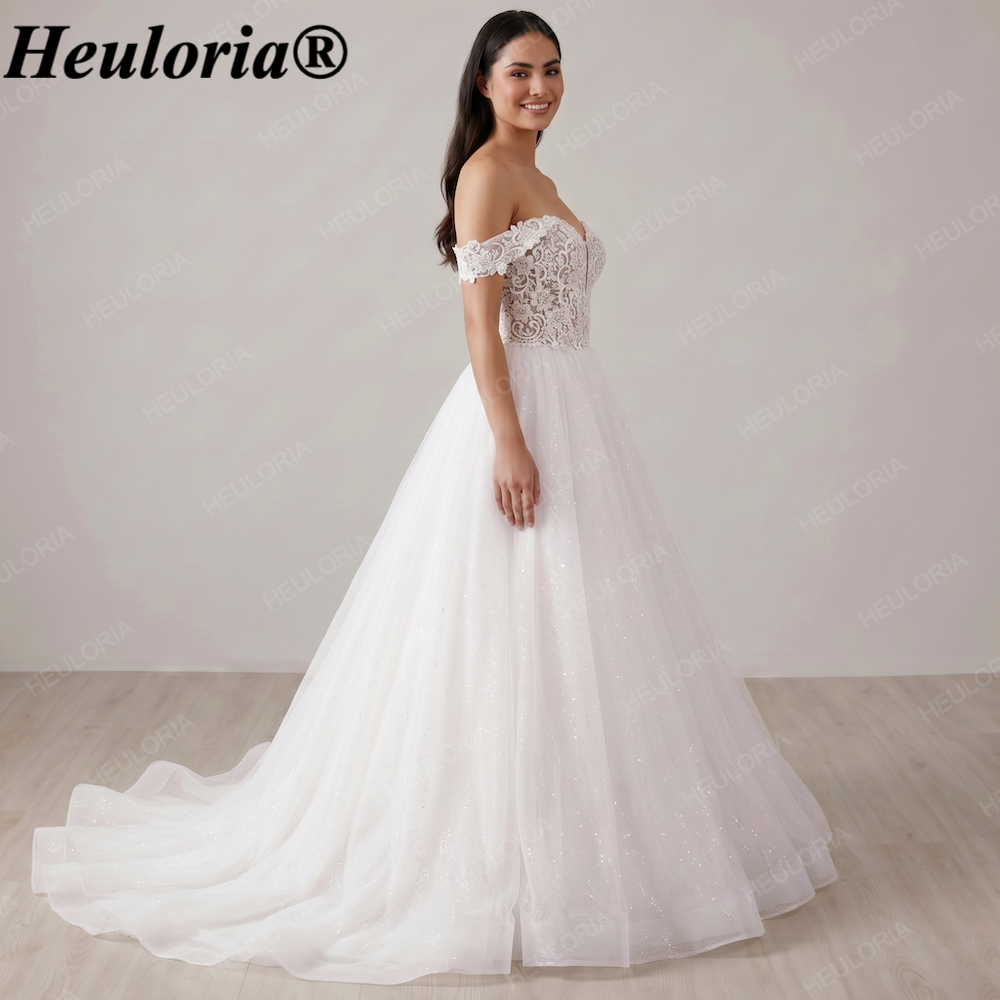 Off-the-Shoulder Beaded Lace & Glitter Tulle Wedding Dress BA-147
