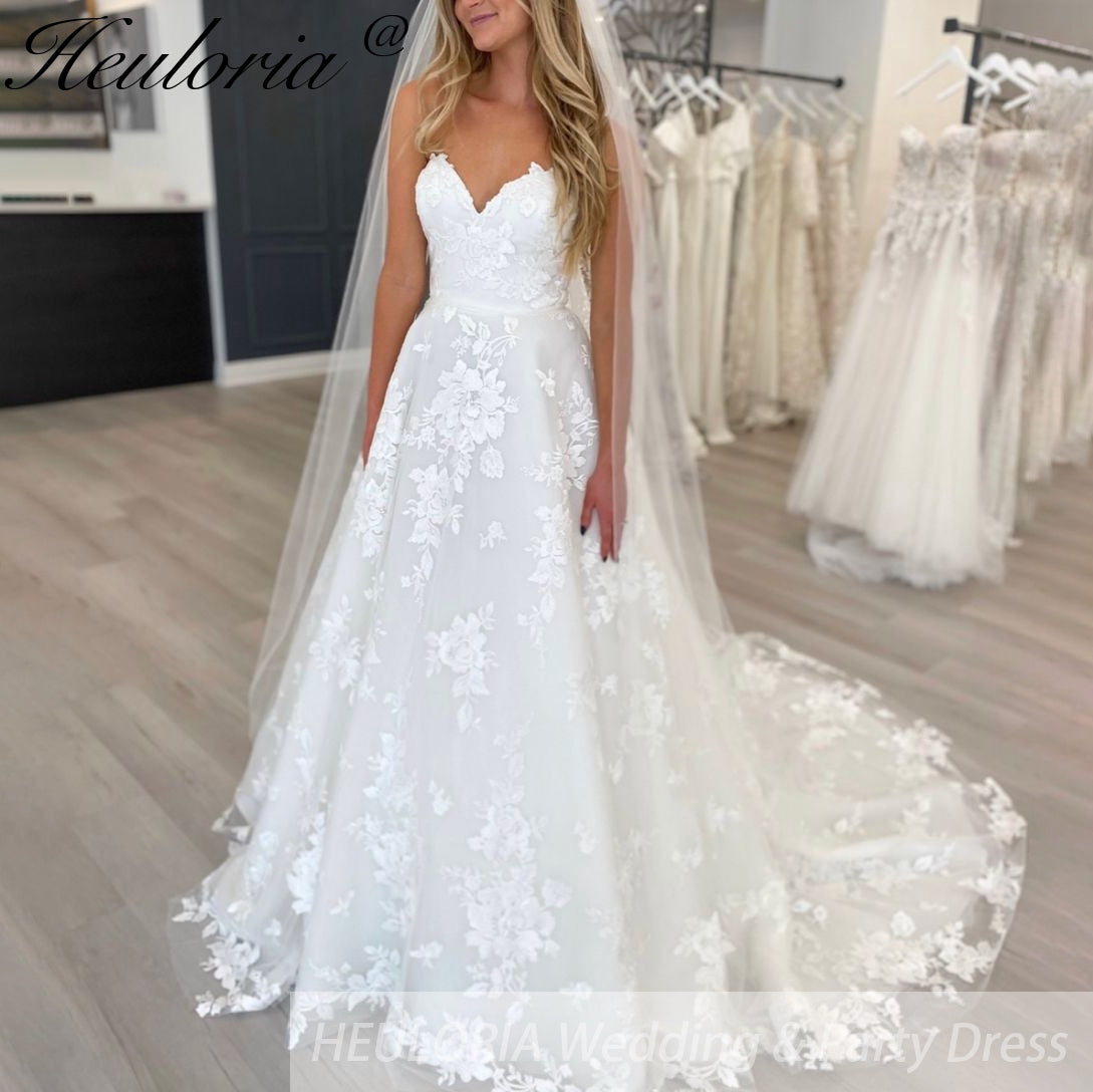 HEULORIA Spaghetti Straps a line Wedding Dresses floral lace Bridal dress Customized AL-890 Main image