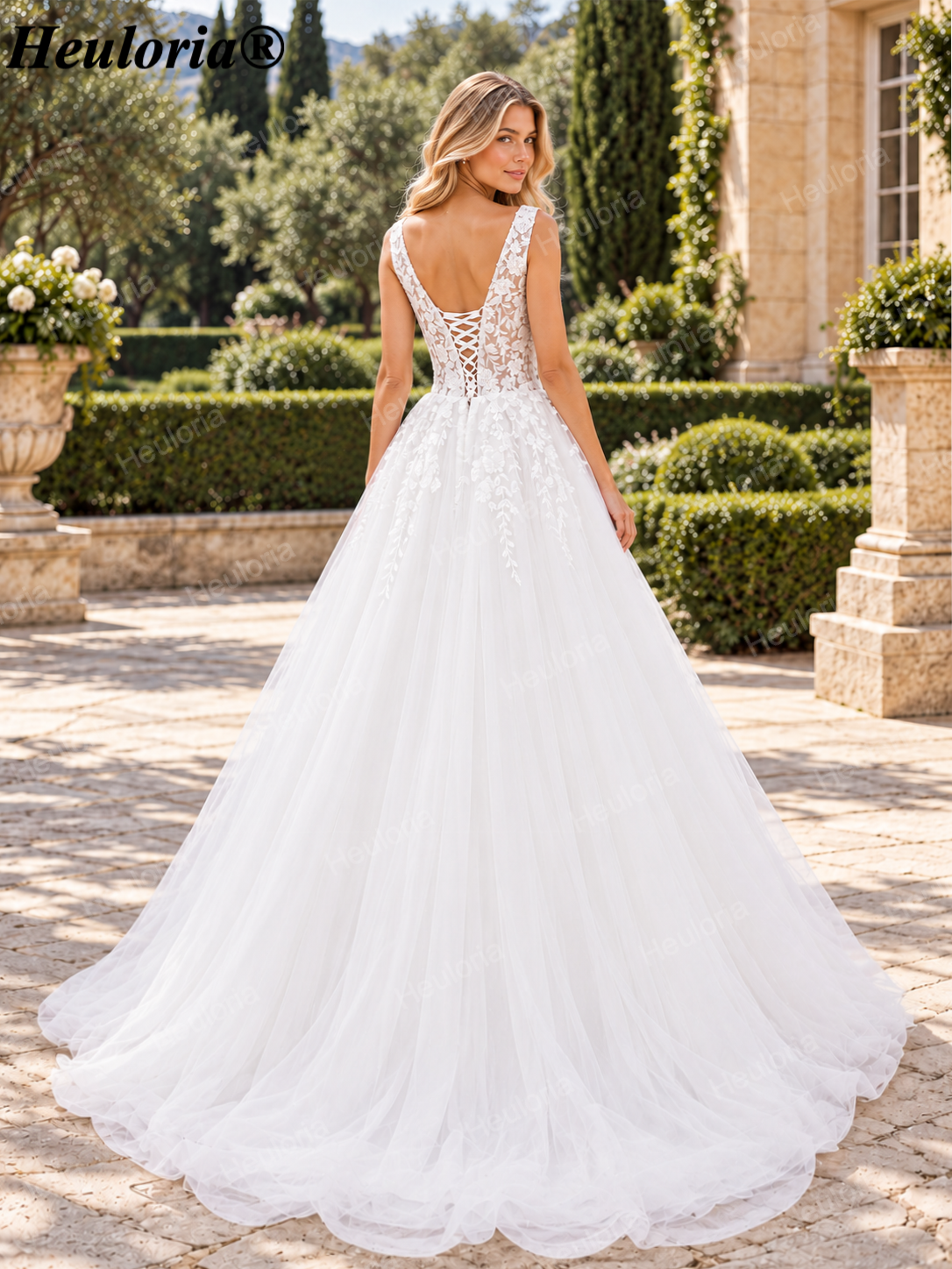 Illusion Deep V Floral Lace A-Line Wedding Dress with Corset AL-1032