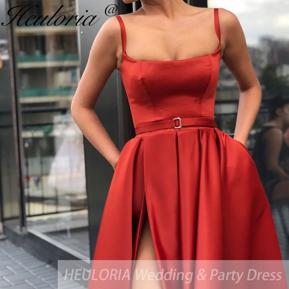 Spaghetti-strap Prom Dresses 2025 Satin Sleeveless V-Neck A-line with Pocket Pleated Side Split Floor-Length Customized Immagine secondaria del prodotto