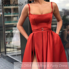 Spaghetti-strap Prom Dresses 2025 Satin Sleeveless V-Neck A-line with Pocket Pleated Side Split Floor-Length Customized