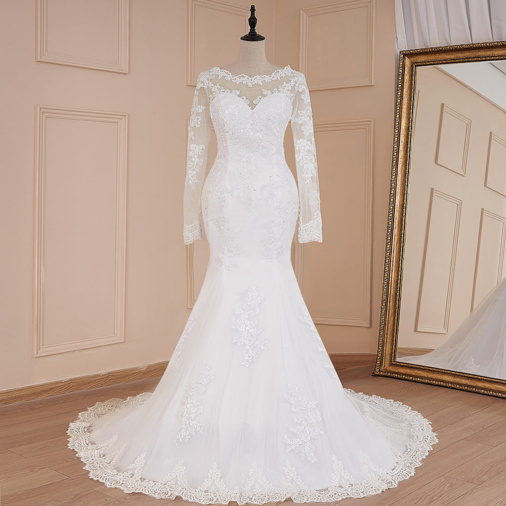HEULORIA Mermaid Wedding Dresses long Sleeve O neck White Wedding dress lace applique beading Bride Dress Robe de mariage customize ME-581