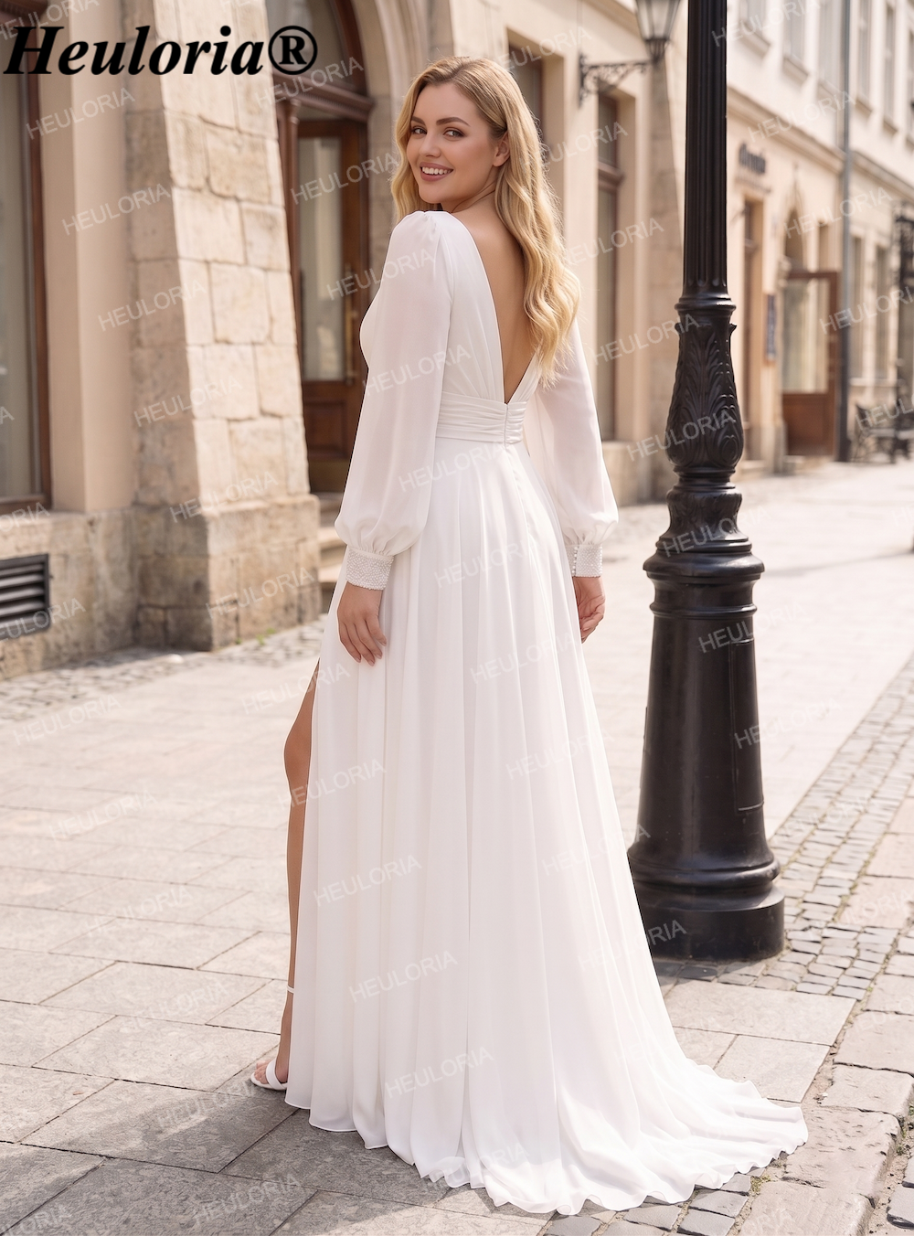 HEULORIA Romantic Chiffon A-Line Wedding Dress with Deep V-Neck, Long Sleeves & High Slit AL-QK189