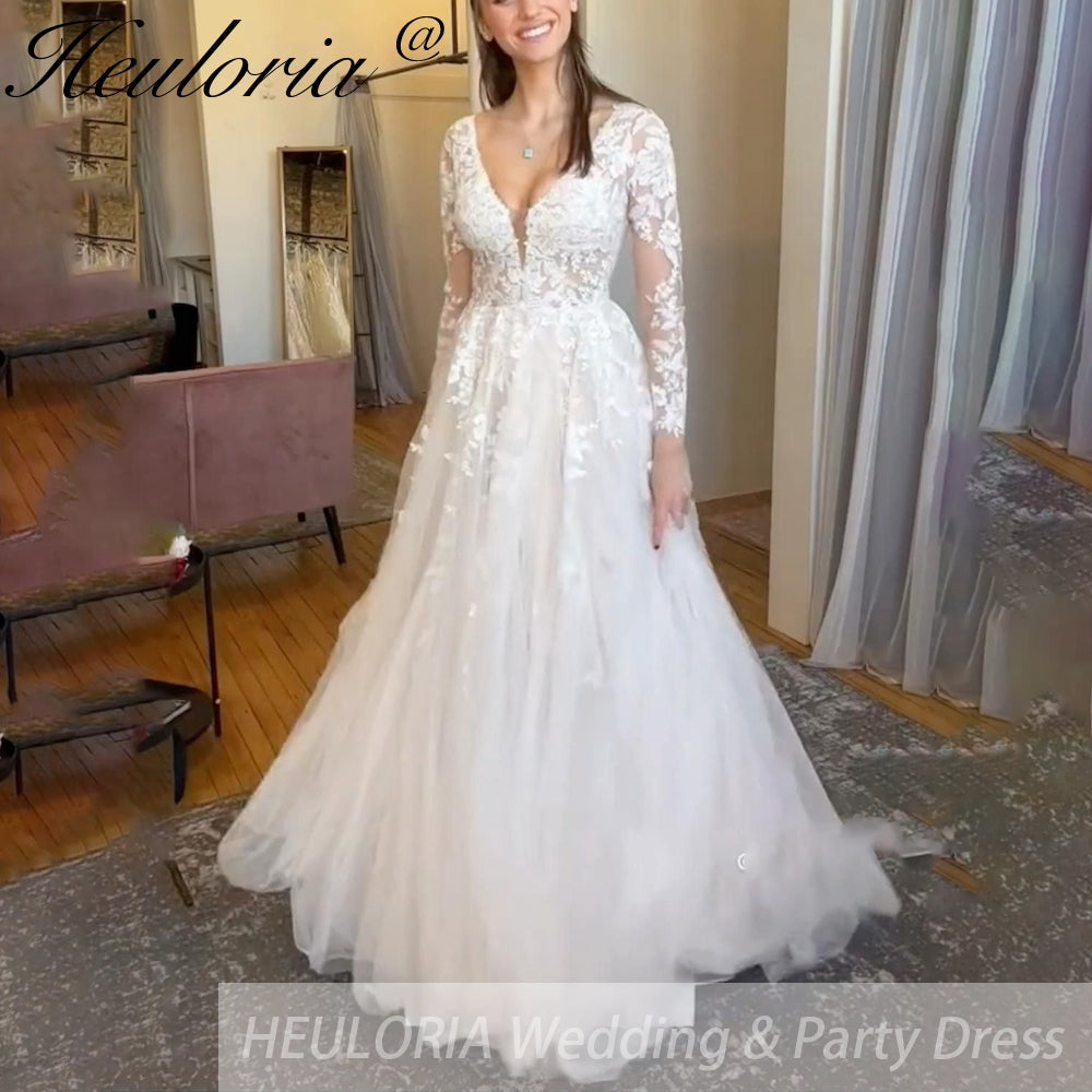 HEULORIA Boho Wedding Dress long sleeve V neck lace bride dress plus size robe de mariee  A line Wedding Bridal Gown AL-889