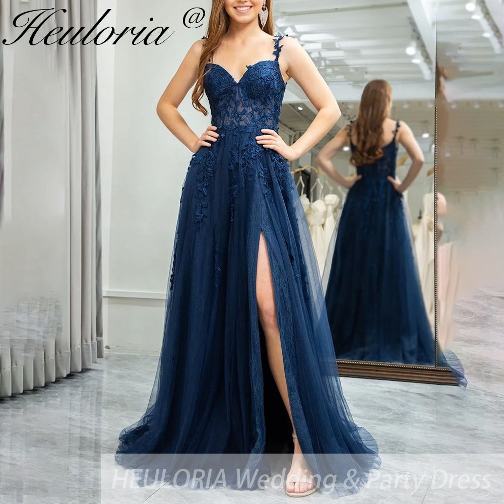 Midnight Blue Prom Dress with 3D Floral Straps & Slit