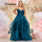 HEULORIA Sparkling Glitter Tiered Tulle Prom Dress - Plunging V-Neck & Lace-Up Corset Back ED-409