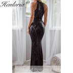 sparky sequin mermaid evening dress halter with beading tassel formal prom dress