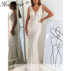 sparky sequin mermaid evening dresses V neck bead tassel formal prom dress