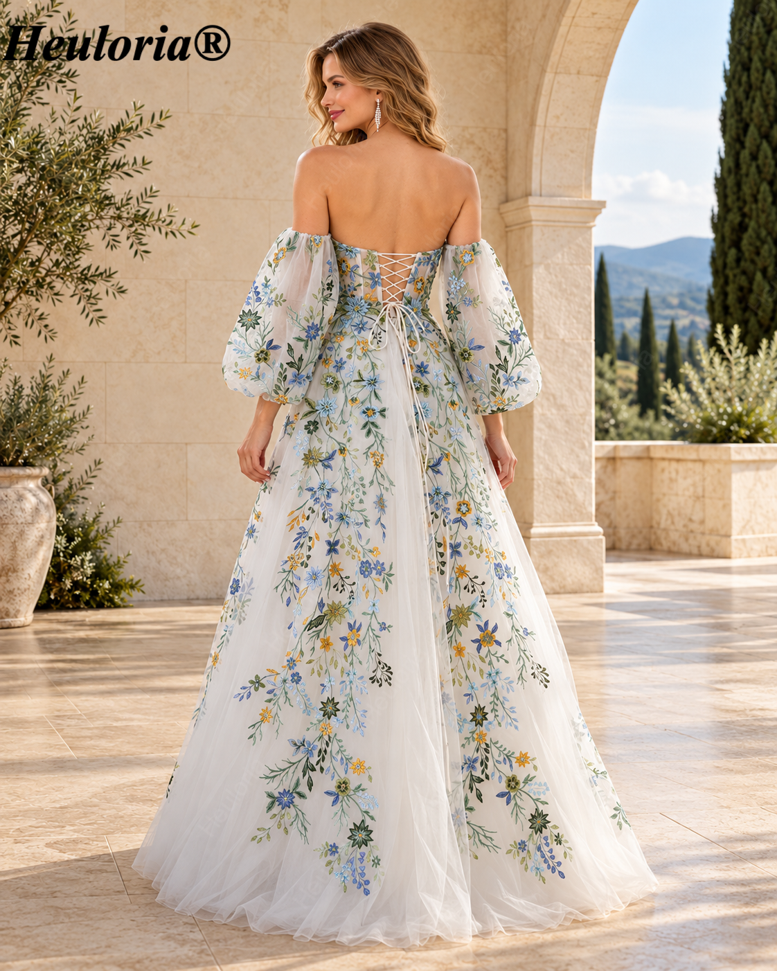 HEULORIA Multicolor Floral Embroidered Off-the-Shoulder Tulle A-Line Prom Dress with Corset Back ED-667 Immagine secondaria del prodotto