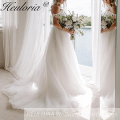 HEULORIA Illusion Off The Shoulder A-Line Wedding Dresses Appliques Lace Country Bridal Gowns Robe De Mariée Customized AL-QK1