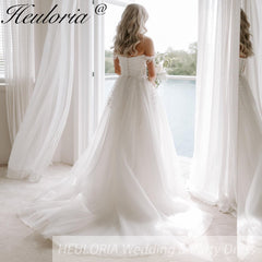 HEULORIA Illusion Off The Shoulder A-Line Wedding Dresses Appliques Lace Country Bridal Gowns Robe De Mariée Customized AL-QK1
