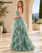 HEULORIA Glitter Tulle A-Line Prom Dress with Beaded Illusion Corset and Tiered Ruffles ED-402