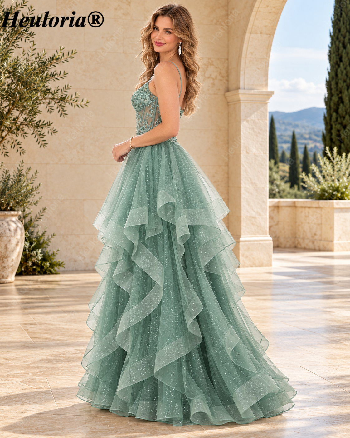 HEULORIA Glitter Tulle A-Line Prom Dress with Beaded Illusion Corset and Tiered Ruffles ED-402
