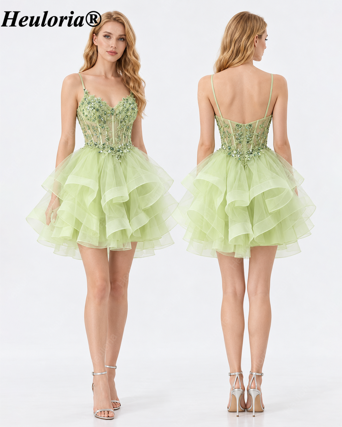 HEULORIA Light Sage Green Beaded Corset Tiered Tulle Mini Homecoming Dress – ED-320