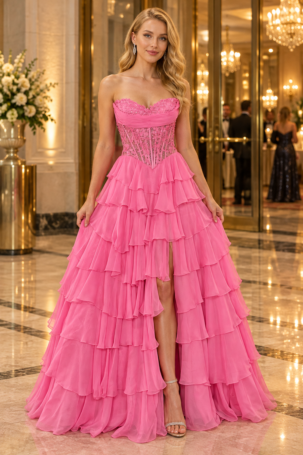 HEULORIA Strapless Lace Corset Prom Dress with Tiered Ruffles and Slit ED-89