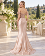 HEULORIA Rose Gold Off-the-Shoulder Beaded Corset Mermaid Evening Dress with High Slit ED-240