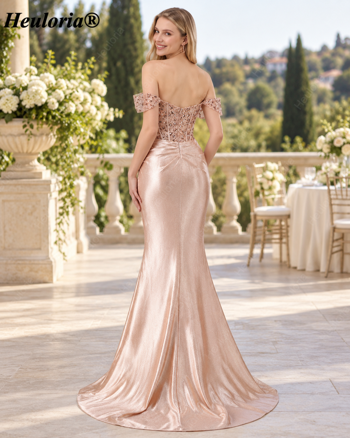 HEULORIA Rose Gold Off-the-Shoulder Beaded Corset Mermaid Evening Dress with High Slit ED-240