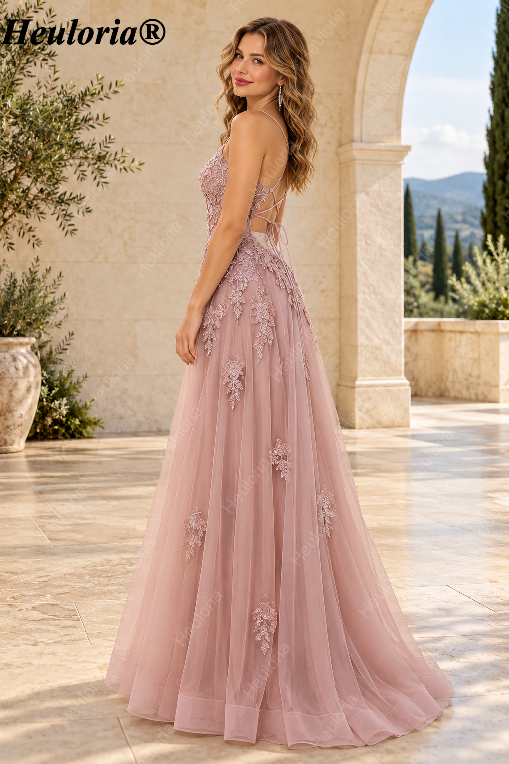 HEULORIA Spaghetti Strap Lace Applique A-Line Tulle Prom Dress ED-337
