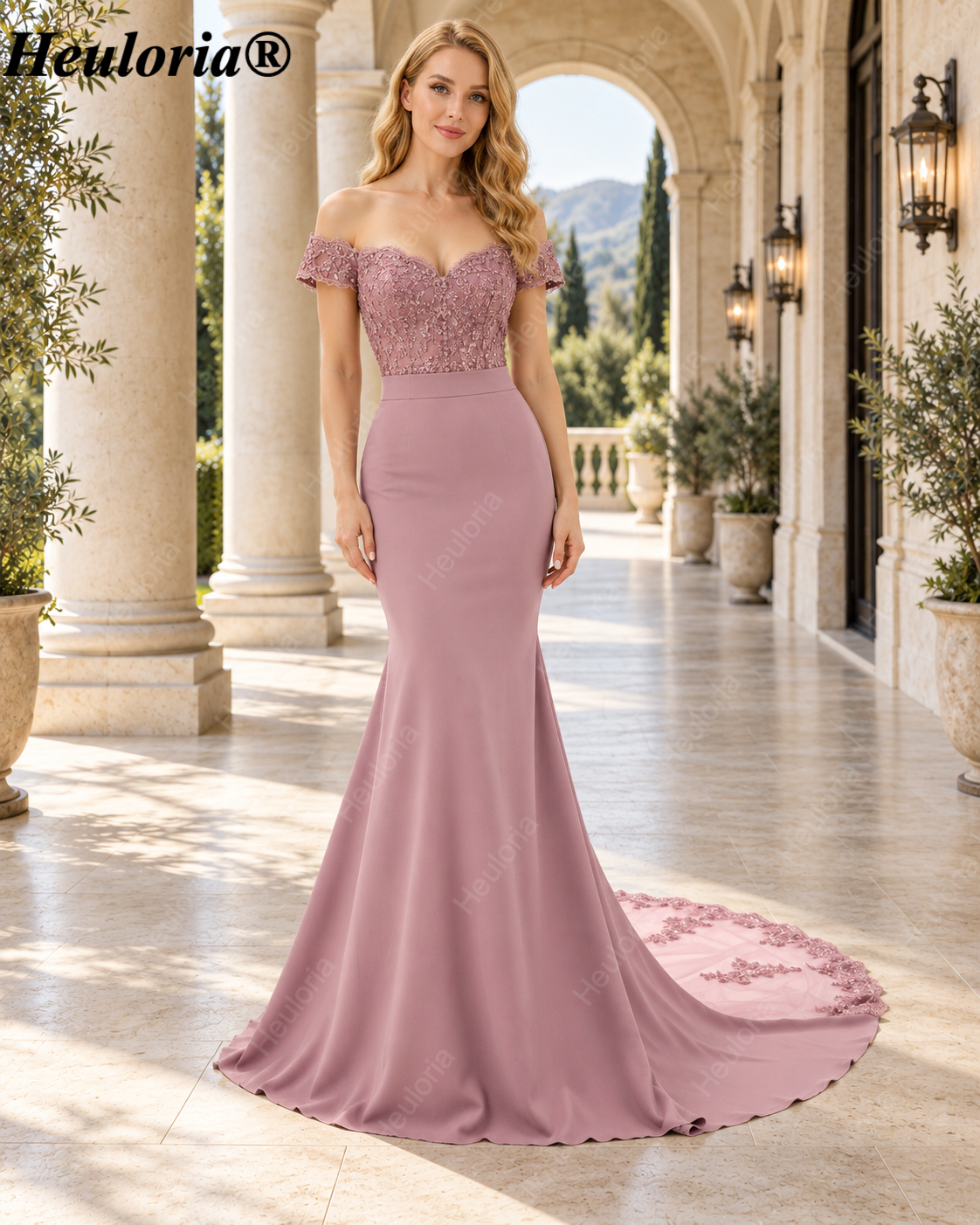 heuloria-Off-the-Shoulder Lace Mermaid Evening Dress with Illusion Train-ed-85 Main image
